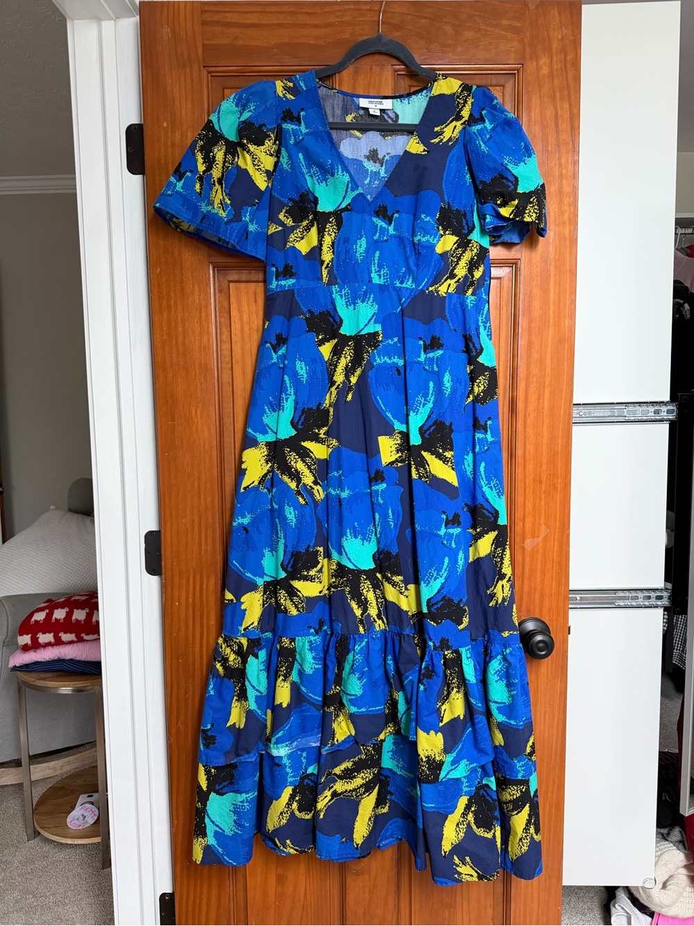 Christopher John Rogers Blue, Teal & Yellow Abstract Midi Dress